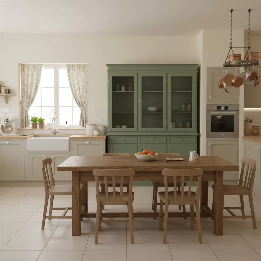 Cristalliera 3 porte 3 cassetti legno arte povera verde salvia 156x42x205 - Mobili 2G