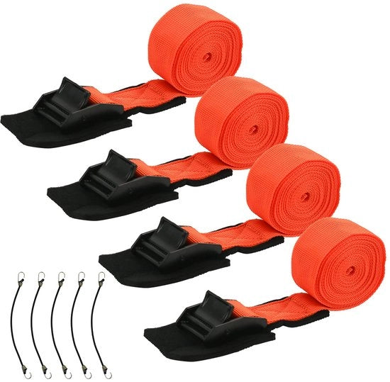 Set di cinture di trazione con chiusura a morsa, capacità di sollevamento 250 kg, inclusi cinque gommini di trazione per trasportatori di biciclette, motociclette e autovetture (arancione, 3,2 cm x 2,5 m)