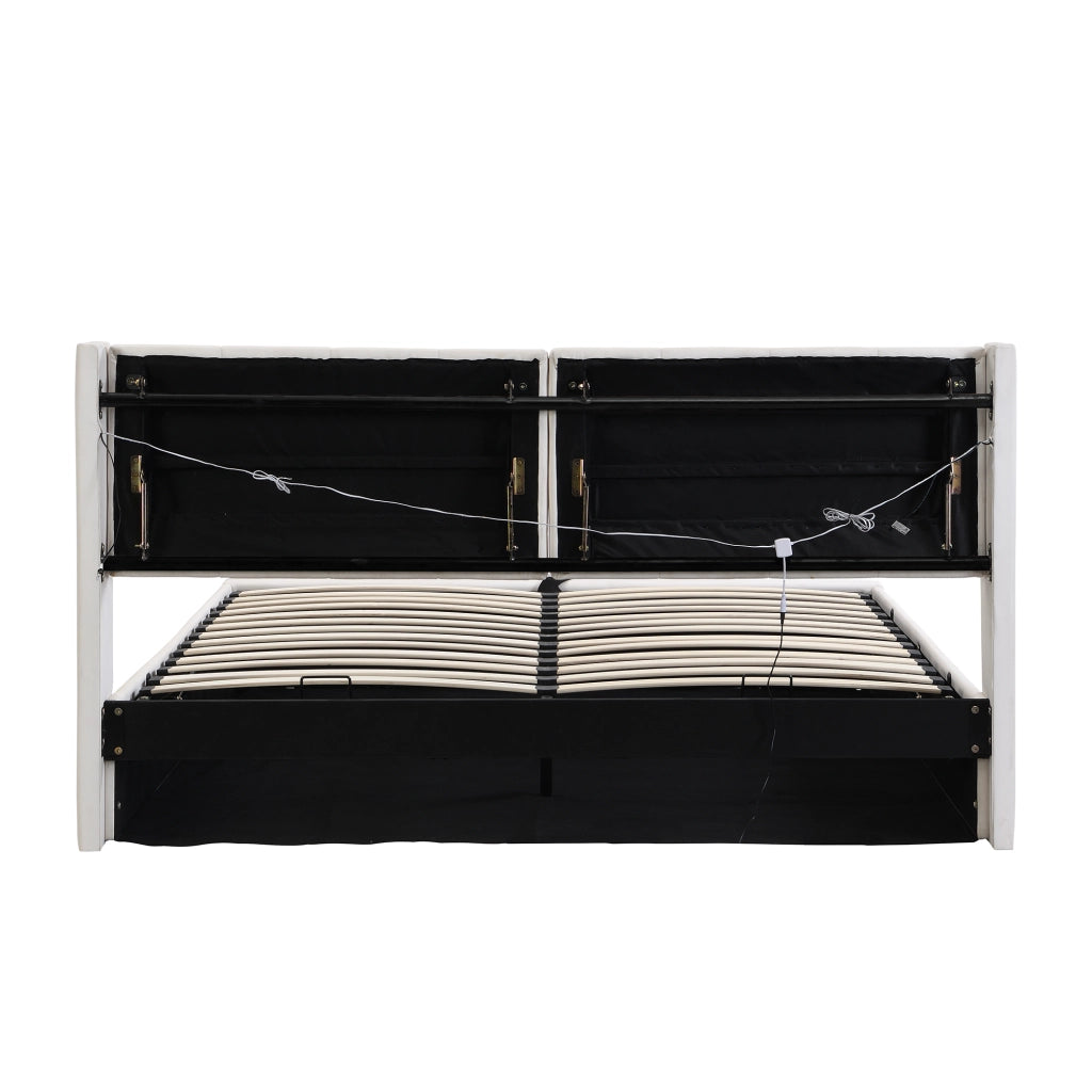Letto imbottito LED 140x190 cm con porta USB, contenitore sottoletto, testiera regolabile e rivestimento PU bianco