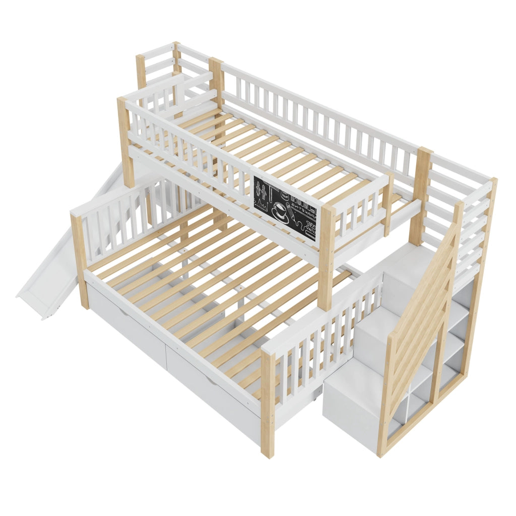 OKWISH Letto a Castello 140×200 cm e 90×200 cm, Letto 3 Posti con Scala Contenitore, Armadio e Scivolo, senza Materasso, Bianco