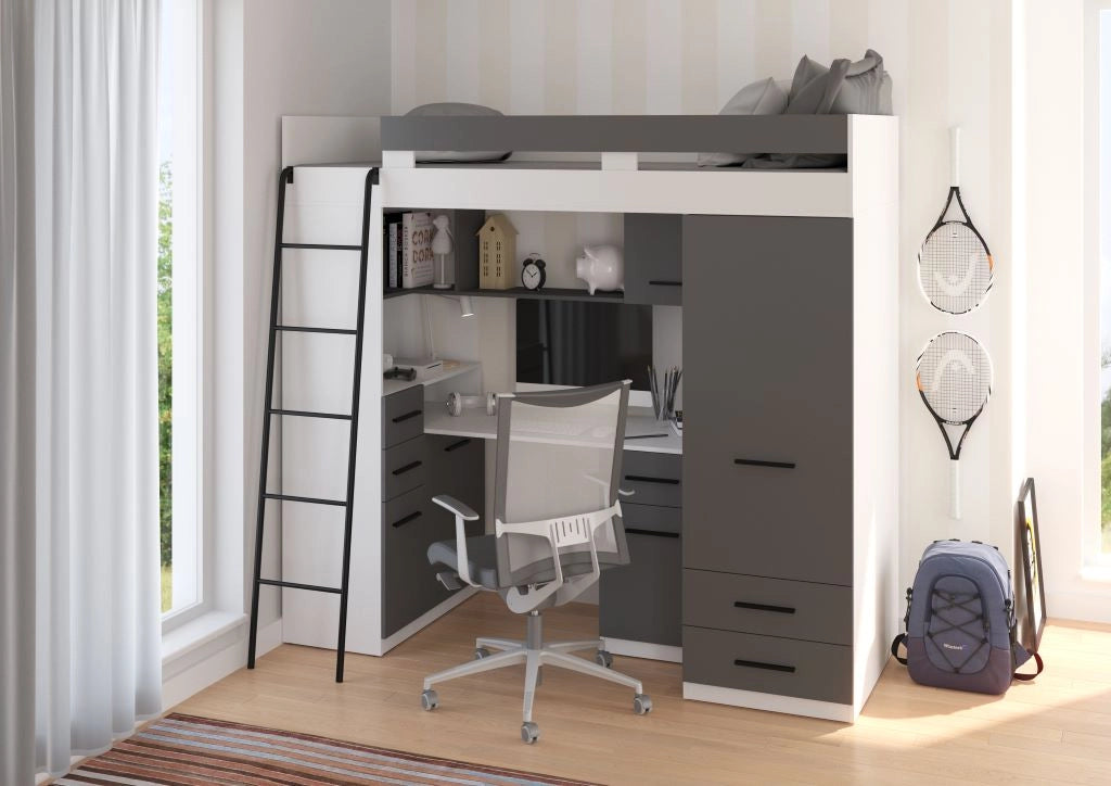 BIM Furniture letto soppalco con scrivania SMYK L cm110x204x188h Bianco Grafite