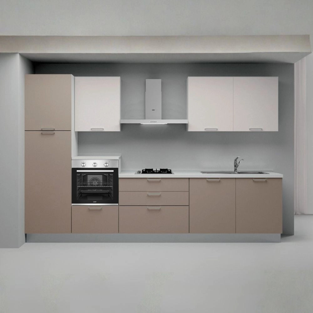 Cucina lineare completa di elettrodomestici basi tortora e pensili bianchi Luna sinistra 330