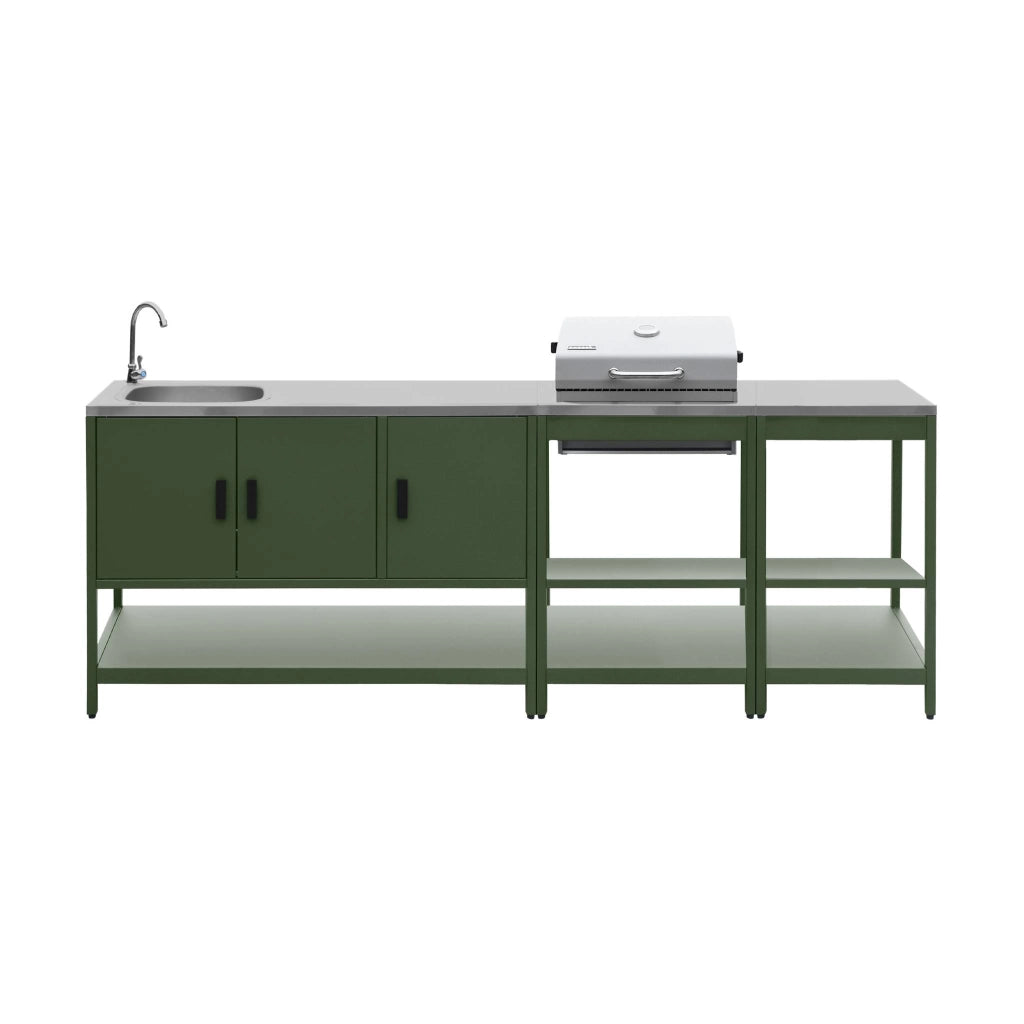 Cucina da esterno, 3 moduli e barbecue a carbone, verde