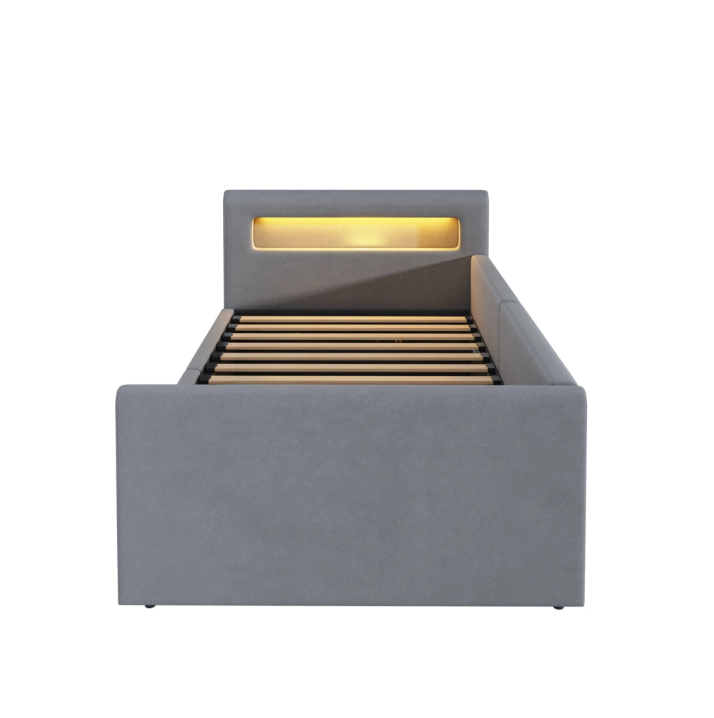 Letto imbottito per bambini 90x200 cm in velluto grigio chiaro con LED; USB e contenitore idraulico