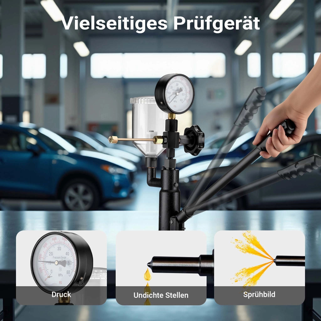 Tester per iniettori diesel, revisione ugelli di iniezione, manometro 0-600 bar, con adattatori, leva manuale, per controllo, calibrazione, regolazione della tenuta