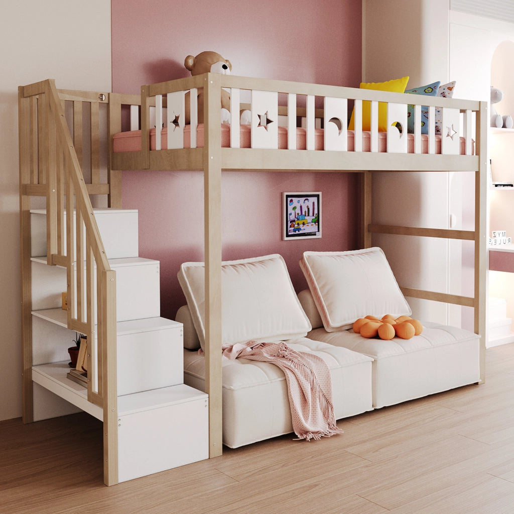 Letto a soppalco per bambini 90x200 cm con scala e ripiani
