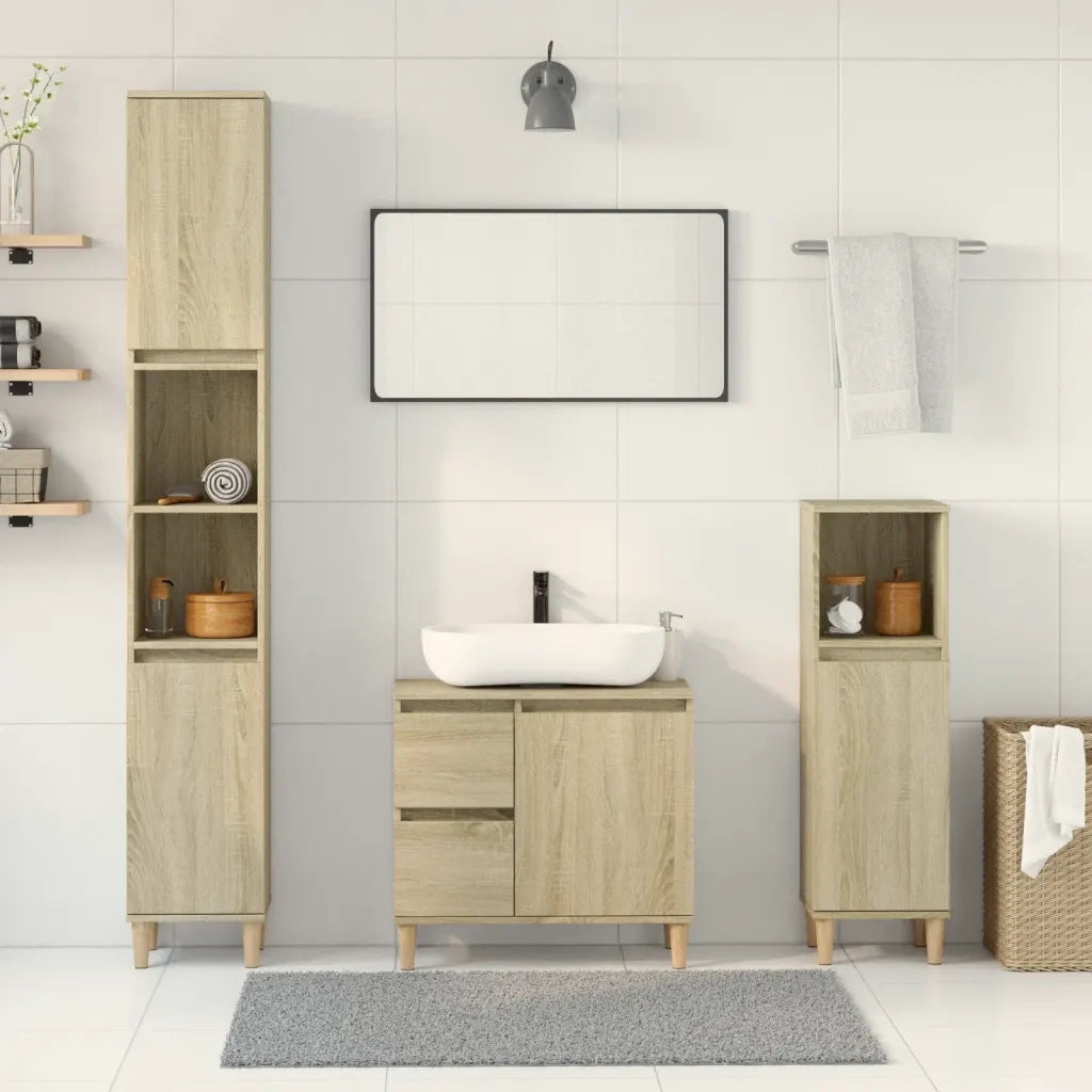 Set Mobili da Bagno | Armadio da bagno 3 pz Rovere Sonoma in Legno Multistrato