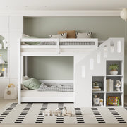 Letto a castello per bambini con scala e armadietti, 90x200 cm, bianco