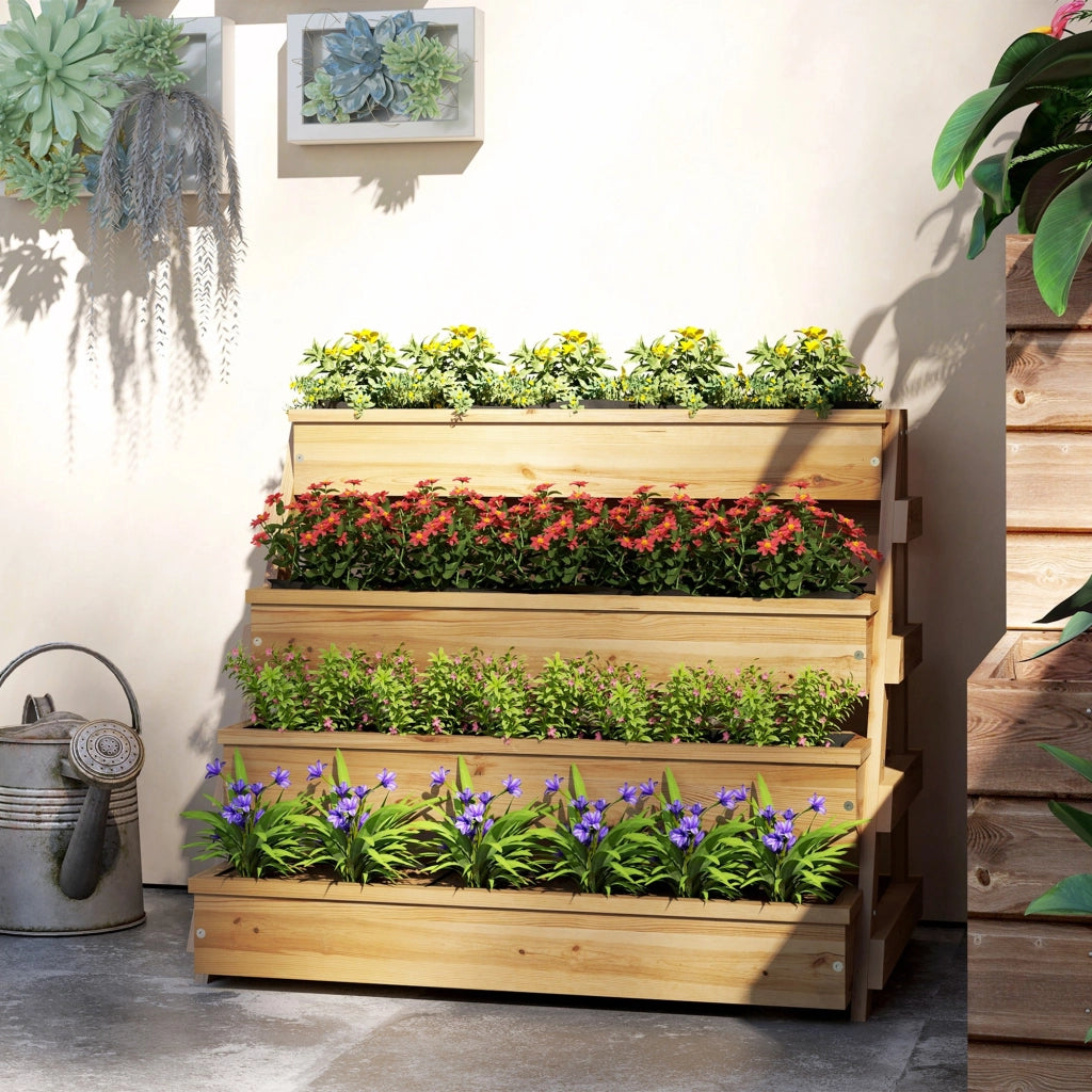 Fioriera Rialzata a 4 Livelli 75x57x60,5 cm con Fori di Drenaggio e Tessuto non Tessuto in Legno di Abete