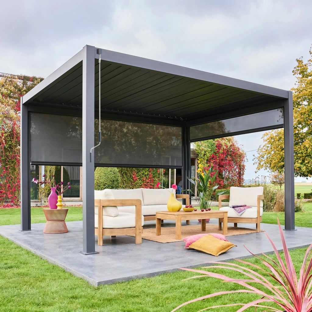 Pergola bioclimatica 3x4m in alluminio + tenda da 3m + tenda da 4m,