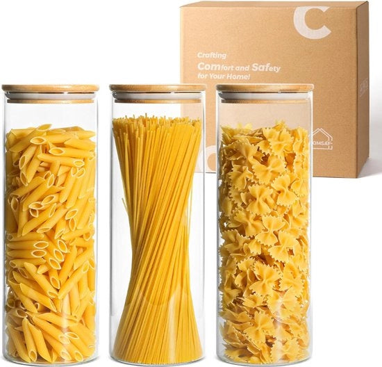 Set di contenitori in vetro con coperchio - Luchtdicht - Coperchio in bambù - Set da 3 Conserva cibo, pasta e polveri in modo elegante e luchtdicht con questi contenitori in vetro. Con coperchi in bambù e guarnizioni in silicone.