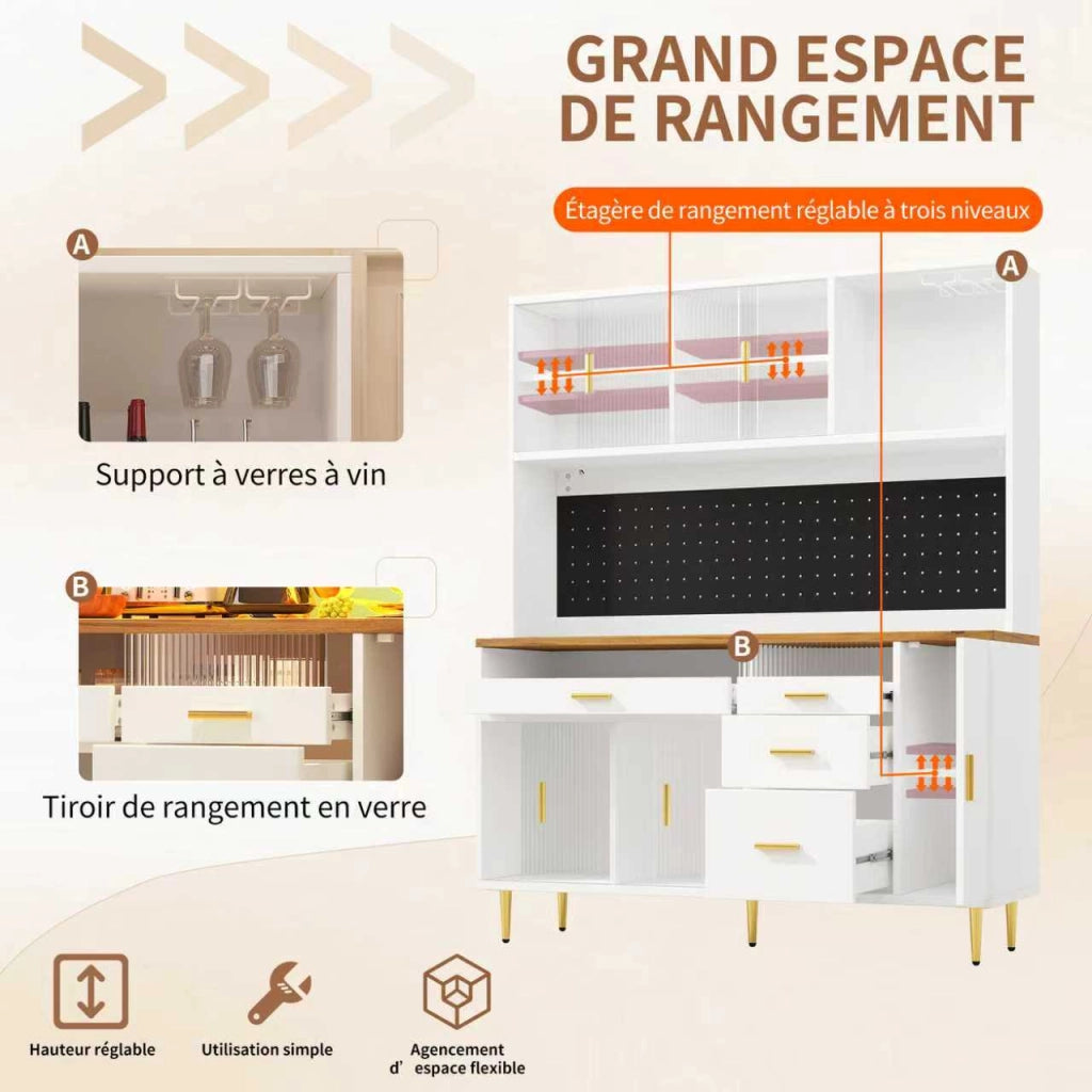 Credenza Alta da Cucina con Ripiani Regolabili; Portabottiglie e LED; in MDF e Vetro; 145×39×171 cm; Bianco