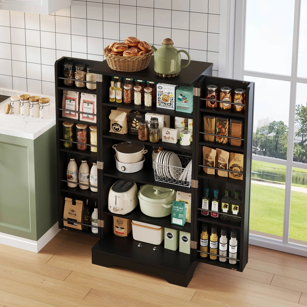 Colonna da cucina con luce LED sensore, 2 ante e ripiano regolabile, per cucina, in MDF nero 120 × 60 × 40 cm