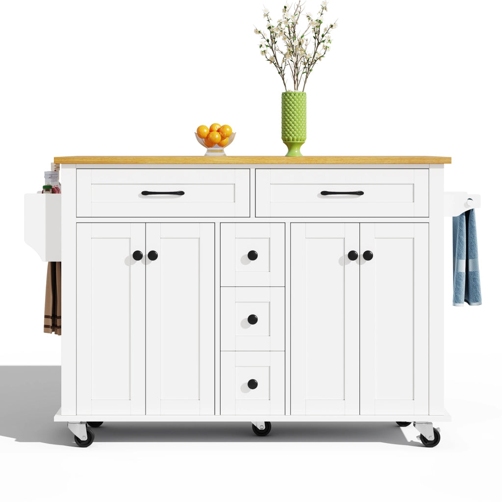 Isola da Cucina Mobile 140x40/65x89 cm Bianca e Legno con Piano Ribaltabile, 5 Cassetti e 5 Ruote