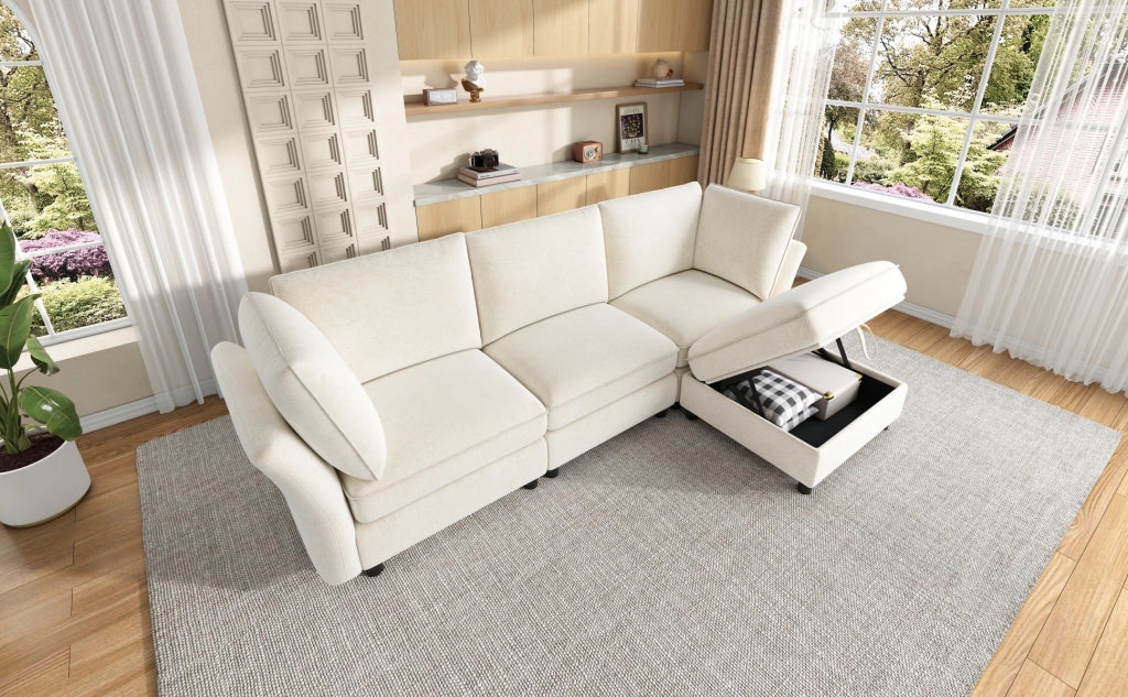 Divano angolare modulare 4 posti con pouf contenitore e seduta morbida in chenille beige per soggiorno