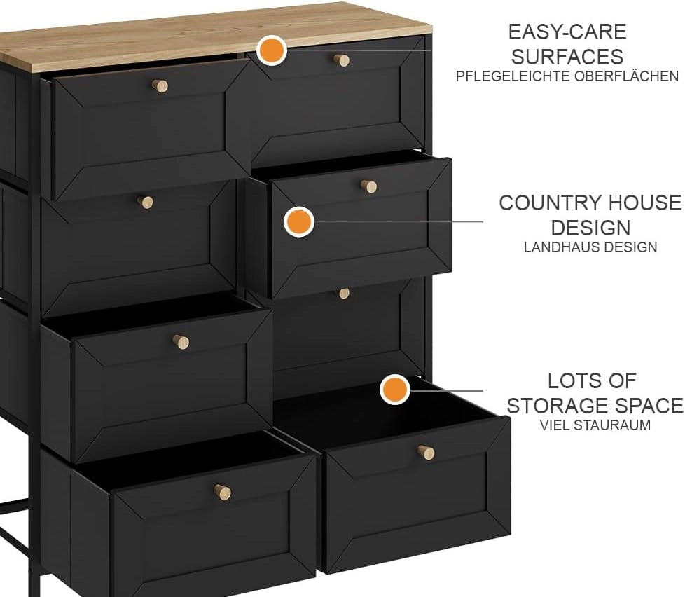 Cassettiera Belaro, Nero, 80 x 95 cm con 8 cassetti, per riporre abiti e oggetti di uso quotidiano