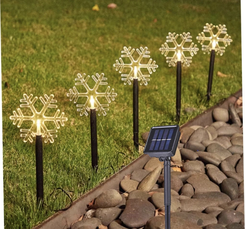 Catena Luci di Natale LED a Picchetto da Giardino con Pannello a Ricarica Solare 5 Fiocco di Neve