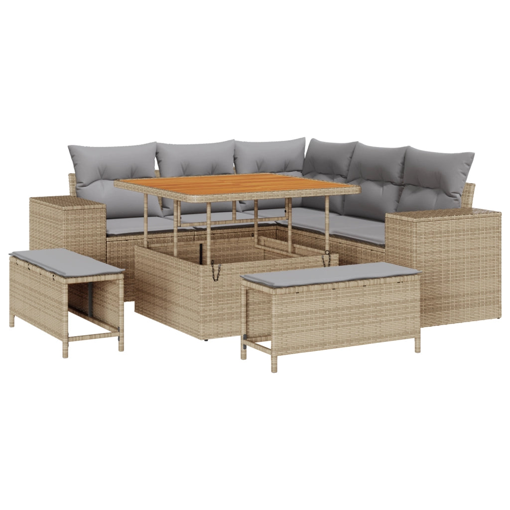 Set Divano da Giardino 8 Pezzi con Cuscini Beige in Polyrattan e Acacia