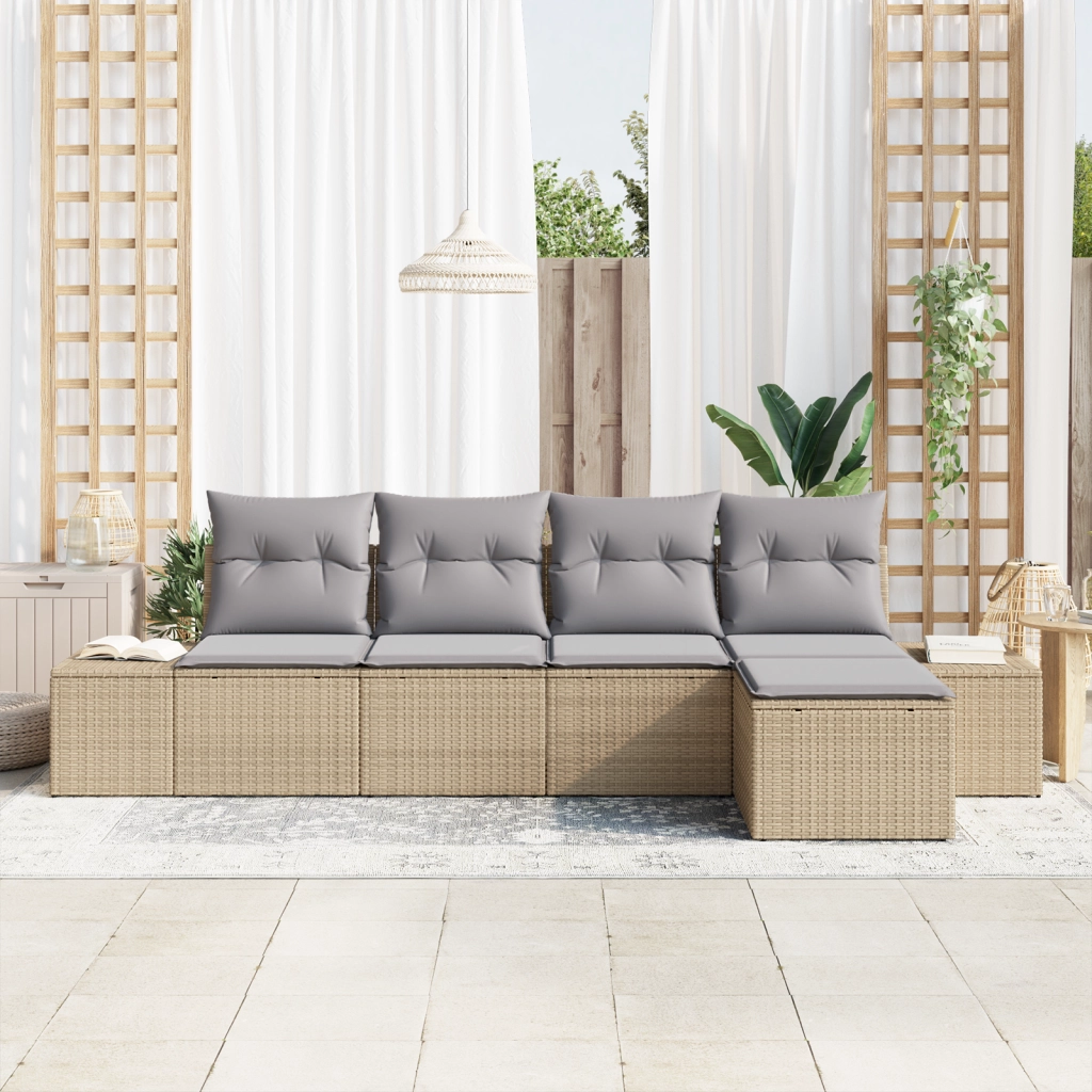 Set di divani da giardino di 5 pezzi con cuscini beige in polyrattan
