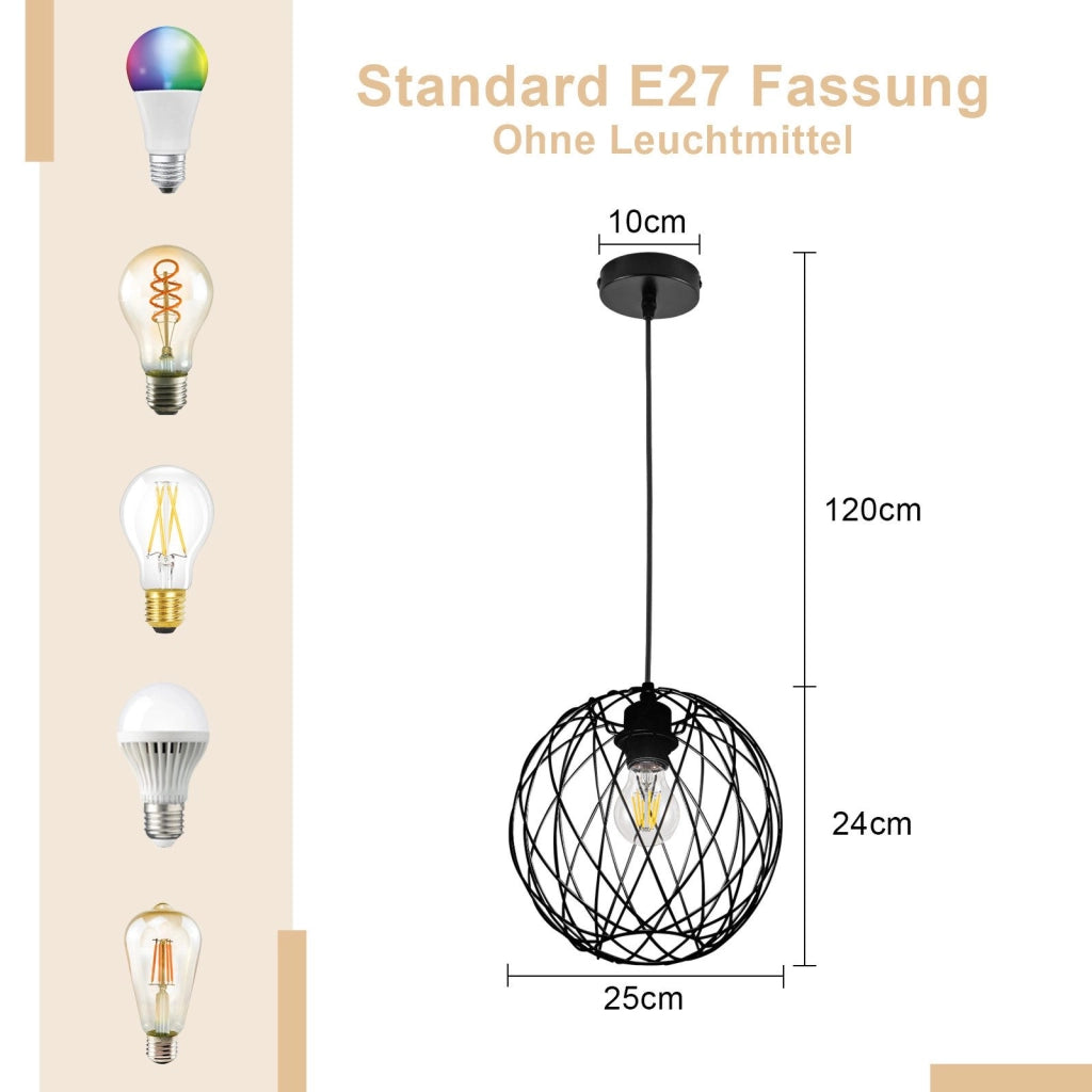 Lampada a sospensione ZMH nera retro 120 cm griglia a gabbia E27 per sala da pranzo e corridoio