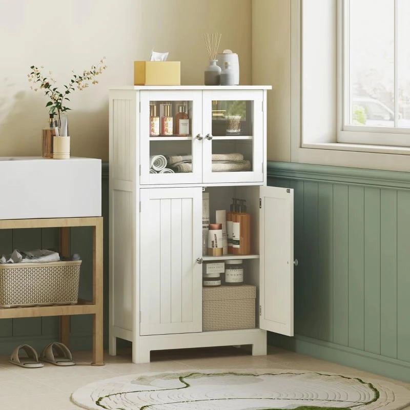 MOBILETTO BAGNO CON DUE ARMADIETTI, ANTE IN VETRO E RIPIANO REGOLABILE, 60X30X108.5 CM, BIANCO