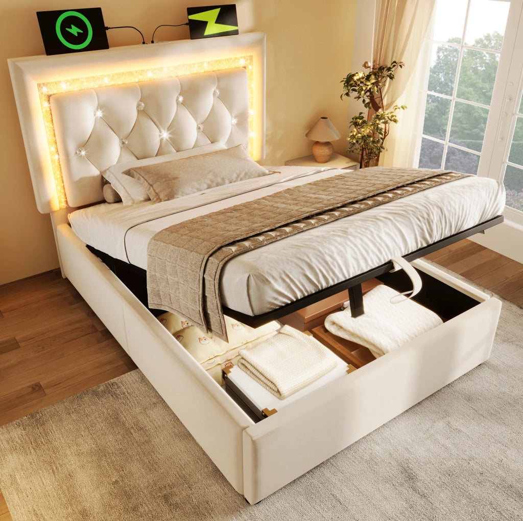 Letto imbottito 90x200 cm beige con LED, USB-C, vano contenitore e rete