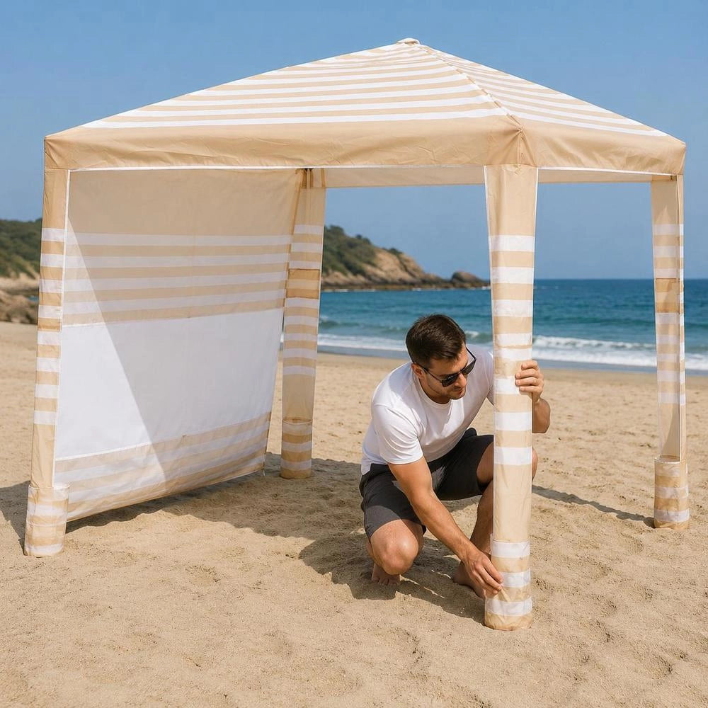Beach Cabana, 2.4 X 2.4 M Beach Canopy With Side Wall, UPF 50+ Sun Protection, Cabana With Sandbags, Height-adjustable & Portable Sunshade For The Whole Family And Friends
