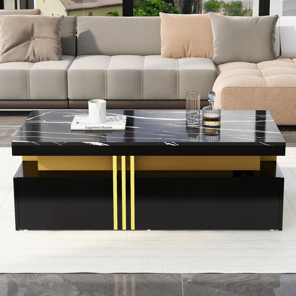 Tavolino da caffè 100x50x40 cm; 2 cassetti e piano effetto marmo; truciolato; nero