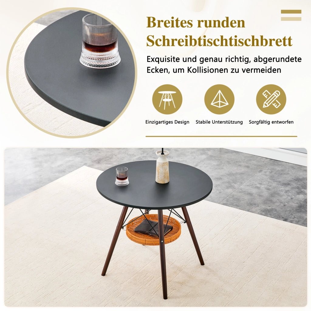 Tavolo da pranzo - rotondo Ø80 cm - MDF nero - gambe in noce massello - cesto intrecciato sospeso