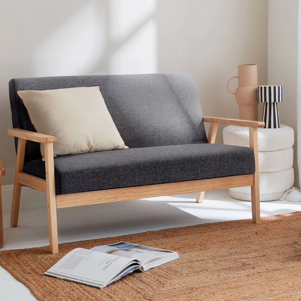 Divano stile scandinavo in legno e tessuto, 2 posti, grigio scuro