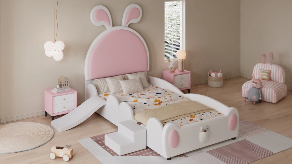 DESMIU Letto bambino 90 × 200 cm 1 posto con scaletta e scivolo, orecchie da coniglio, senza materasso, in PU, rosa e bianco