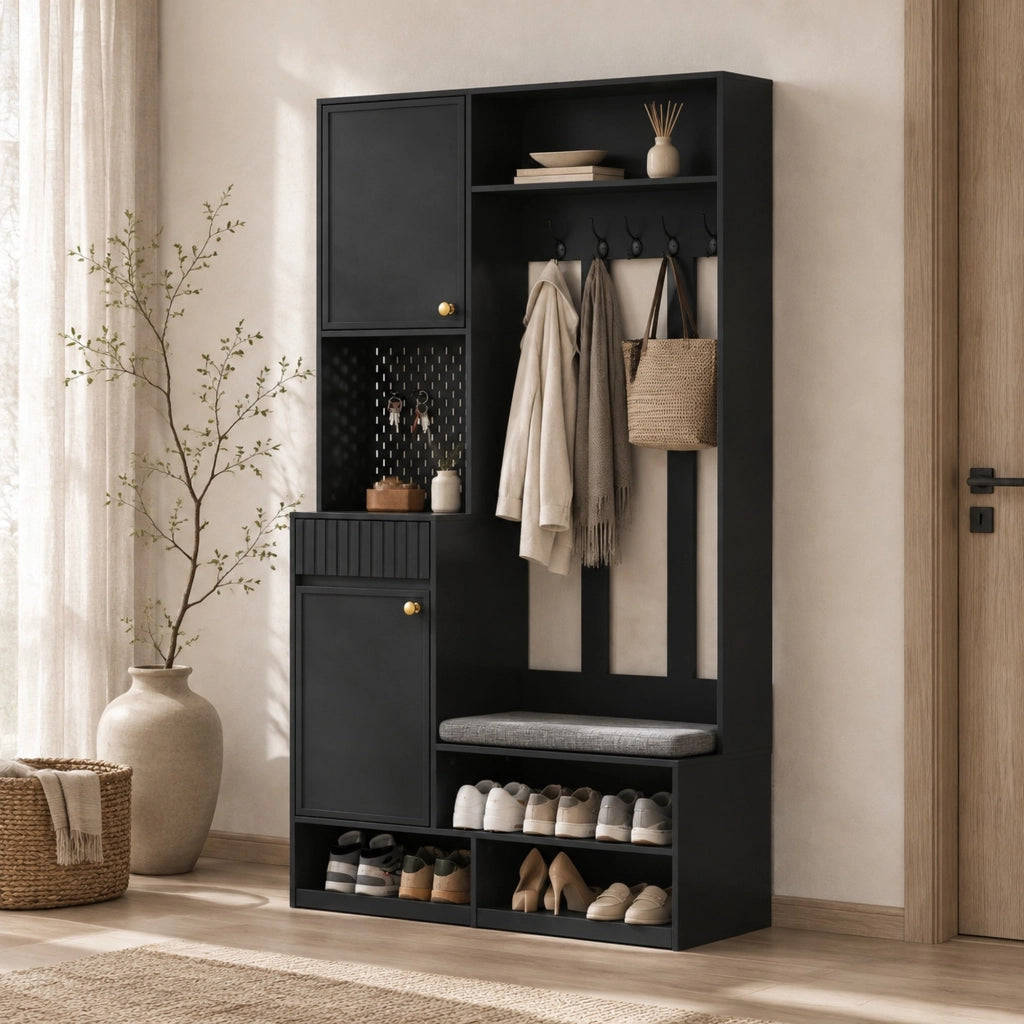 Mobile da ingresso 6 in 1 con panca imbottita, 4 ganci e cassetti nero