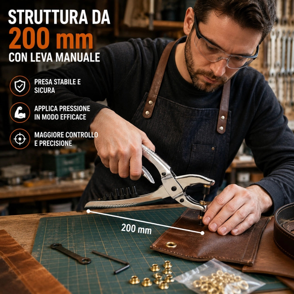 Pinza Fustellatrice Occhiellatrice 2 in 1 con 100 Occhielli in Ottone