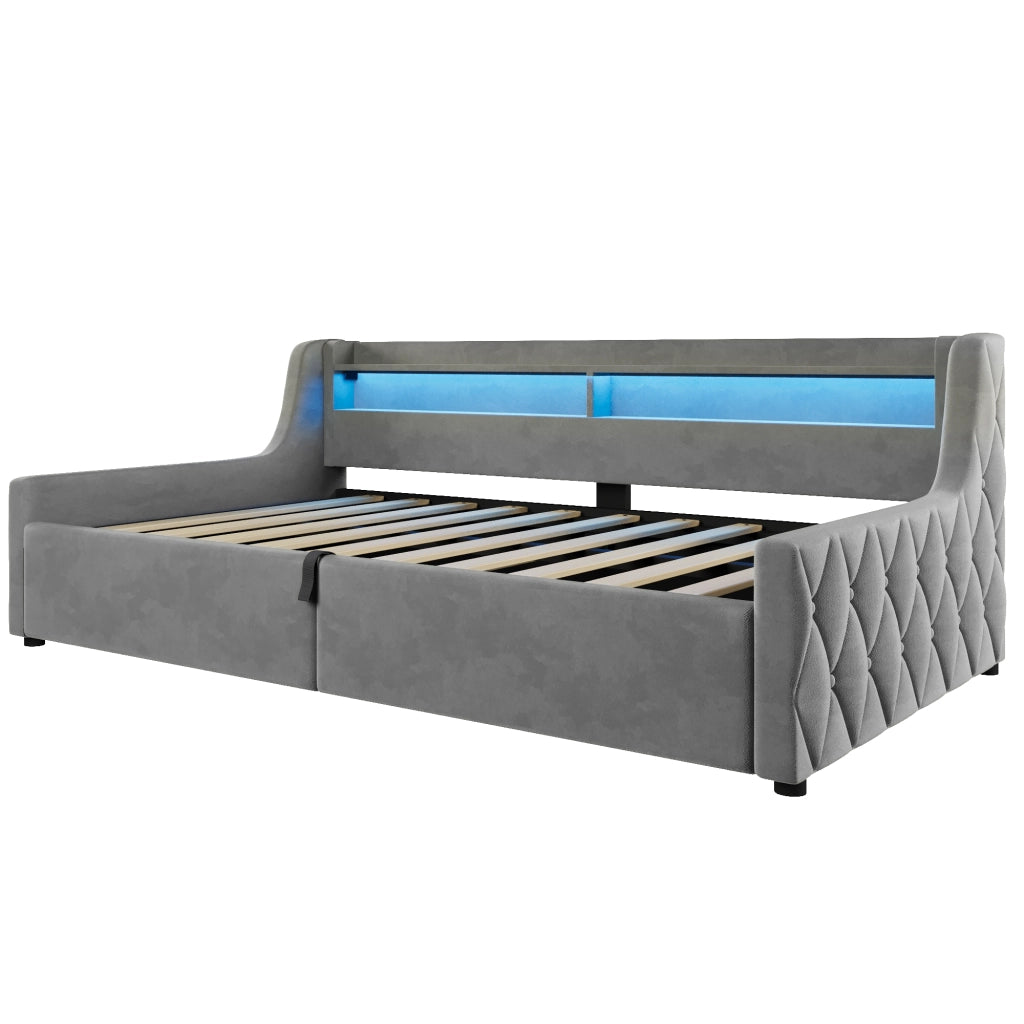 Letto Singolo 90x200 cm con Contenitore; LED; in Flanella; Grigio