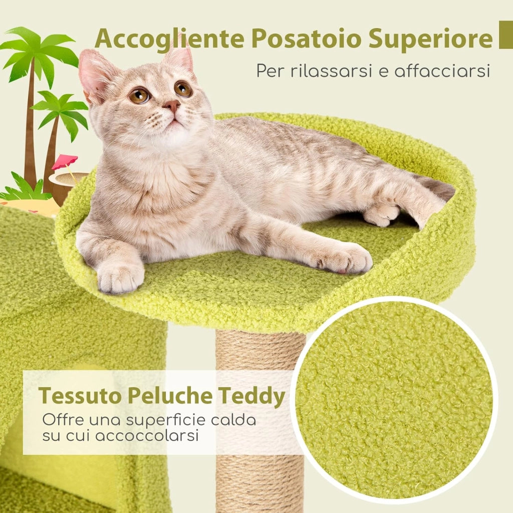 Tiragraffi per Gatto Alto 180 cm Stile Tropicale, Albero Tiragraffi Gatti con Pali con Corda in Juta, Piattaforme, 2 Grotte e Pompon, Torre Gatto Rivestito in Peluche, Blu e Verde