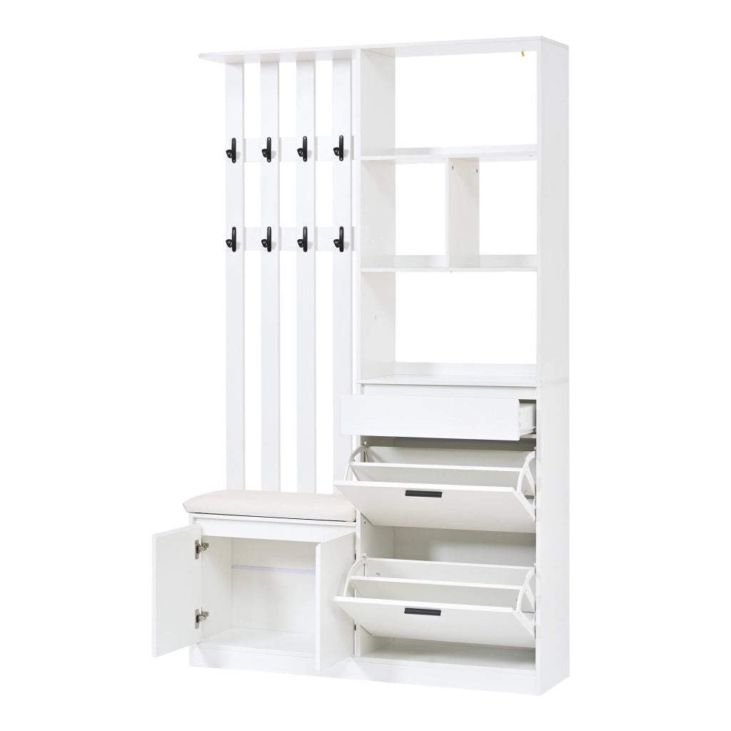 Garderoba da ingresso multifunzionale 120x30x200 cm in MDF bianco con panca imbottita, 2 vani portascarpe, cassetto e 10 ganci