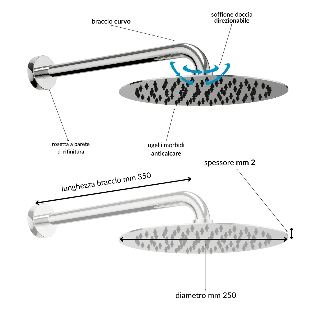 Kit doccia tondo diametro cm 25 doccino flessibile cm 150 pvc ugelli anticalcare *** tipo di accessorio soffione 2 mm...
