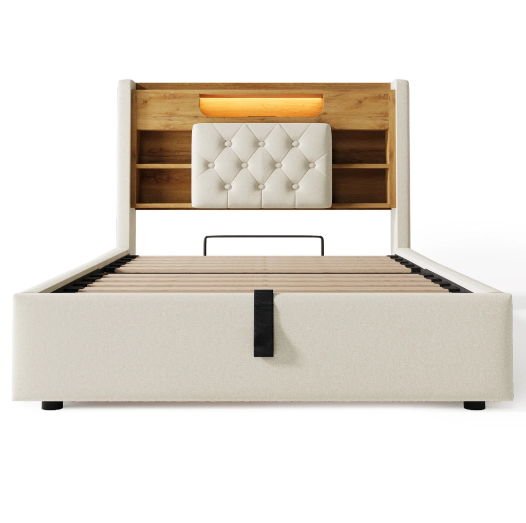 Letto 90x200 cm con contenitore; LED e testiera con ripiani in lino beige