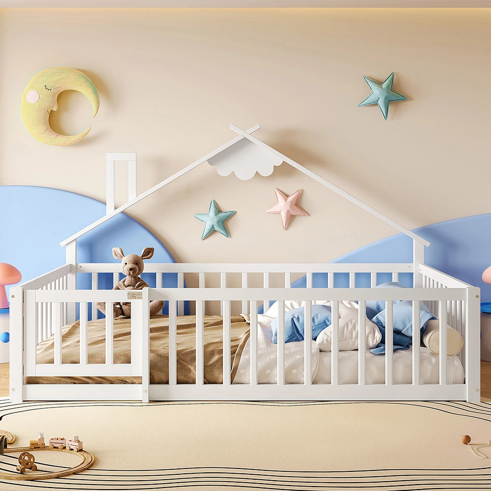 Letto bambino-Xylo-140x190 cm-bordo, barriera con serratura, pino, bianco