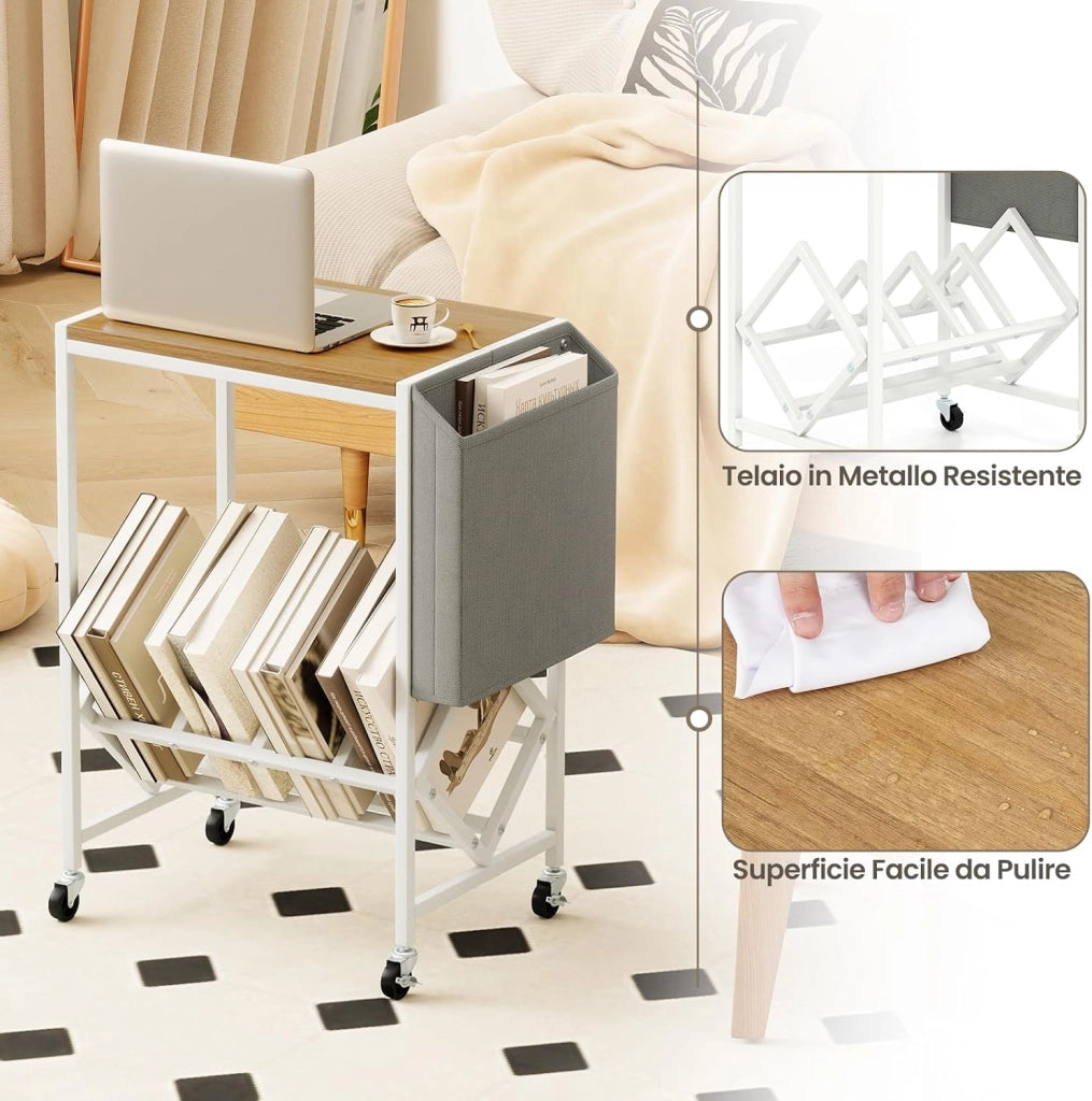 Supporto per Giradischi, Porta Dischi Vinili in Legno e Metallo, Mobile con Tasca Organizer e Ruote, Fino a 200 Album, per Soggiorno, Studio e Camera da Letto (Naturale + Bianco)