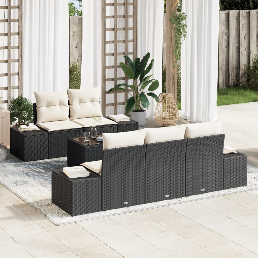 Set di divani da giardino da 6 pezzi con cuscini neri in polyrattan