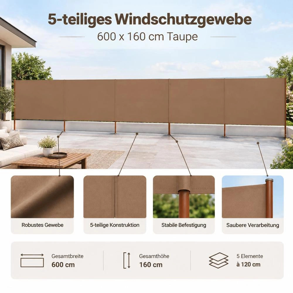 5-piece Windbreak Fabric 600 X 160 Cm Taupe