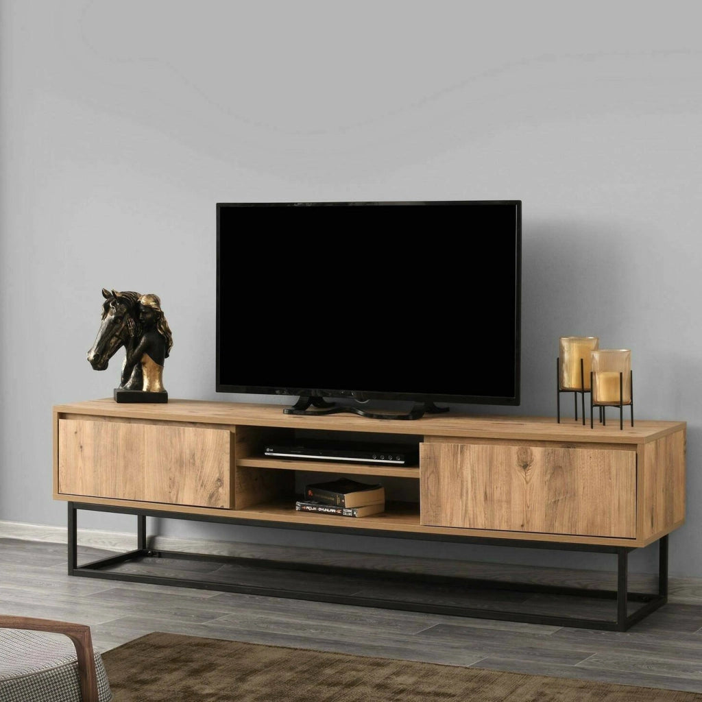 Mobile porta TV Kira, Credenza da soggiorno, Armadio basso per TV, Base parete attrezzata, 180x40h50 cm, Nero e Quercia