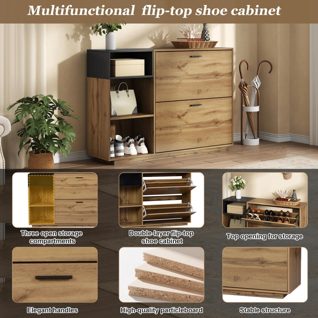 Scarpiera con 2 ante a ribalta e 3 vani aperti, per ingresso, in MDF, effetto legno naturale e nero, 120 × 32 × 84,5 cm