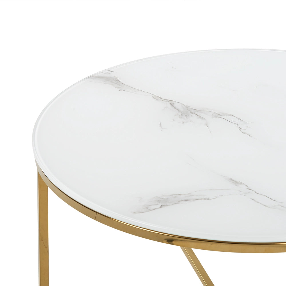 Tavolino Rotondo Effetto Marmo Base dorato Bianco 70 cm Glam Moderno Minimalista