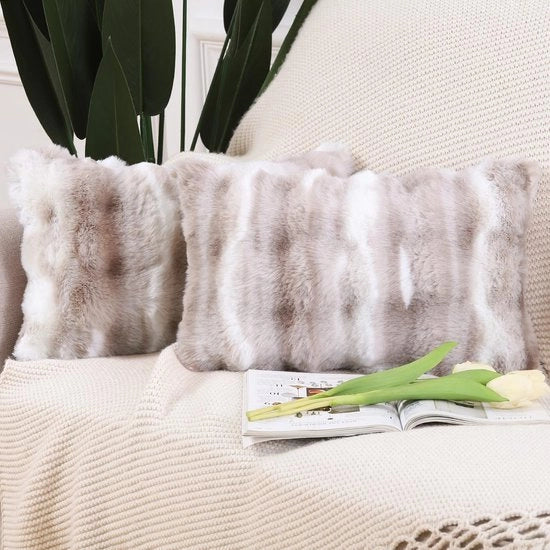 Set di 2 cuscini di piuma soffici, decorativi, con copricuscino di velluto, stile lussuoso, per divano, camera da letto, bianco, beige, 30x50 cm