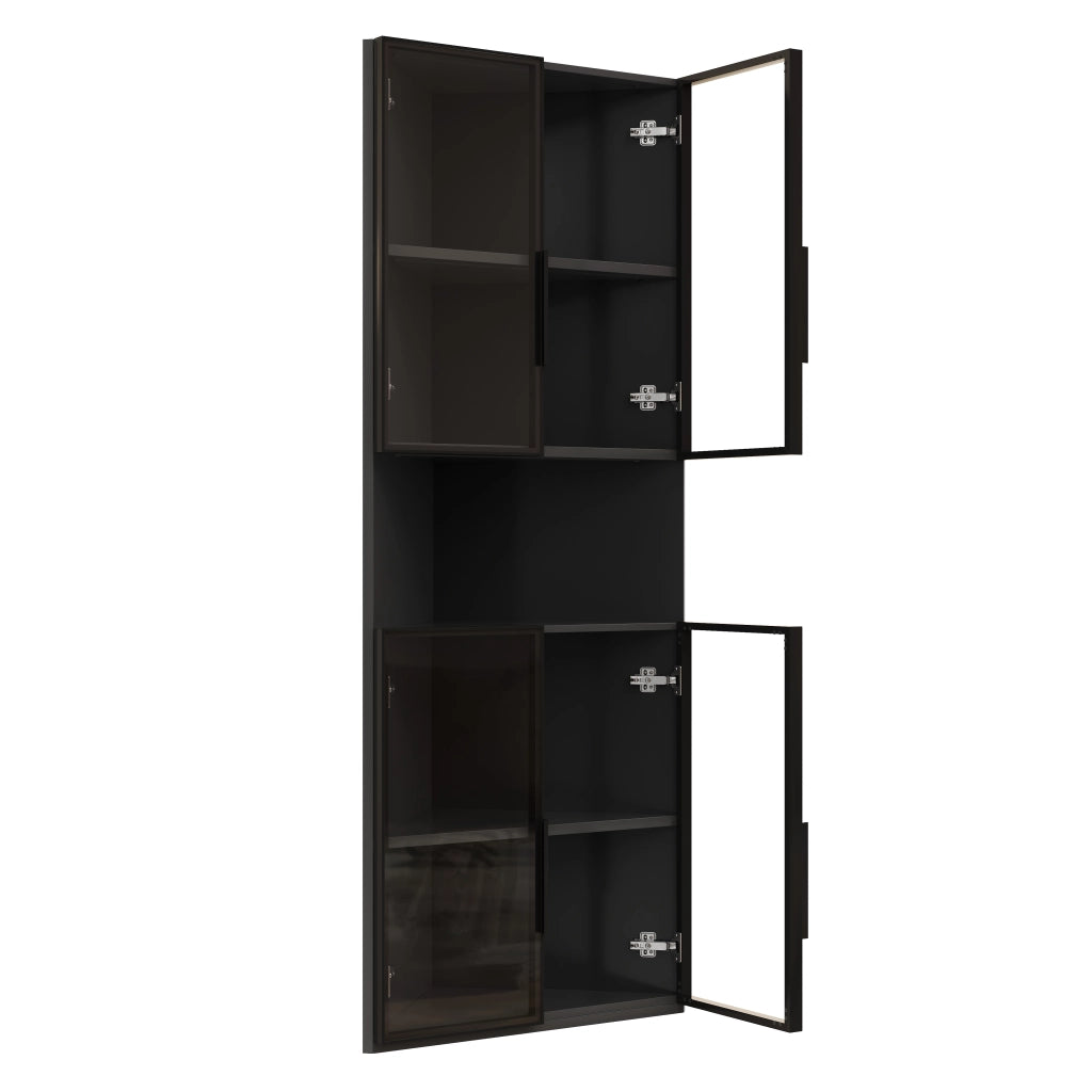 Vetrina ad angolo triangolare 62x32x160 cm nera con frontali in vetro, LED caldo e vano centrale aperto