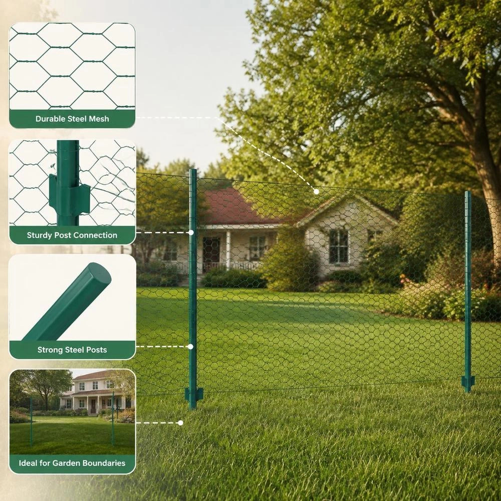 Wire Mesh Fence With Posts, Steel, 25 X 0.75 M, Green
