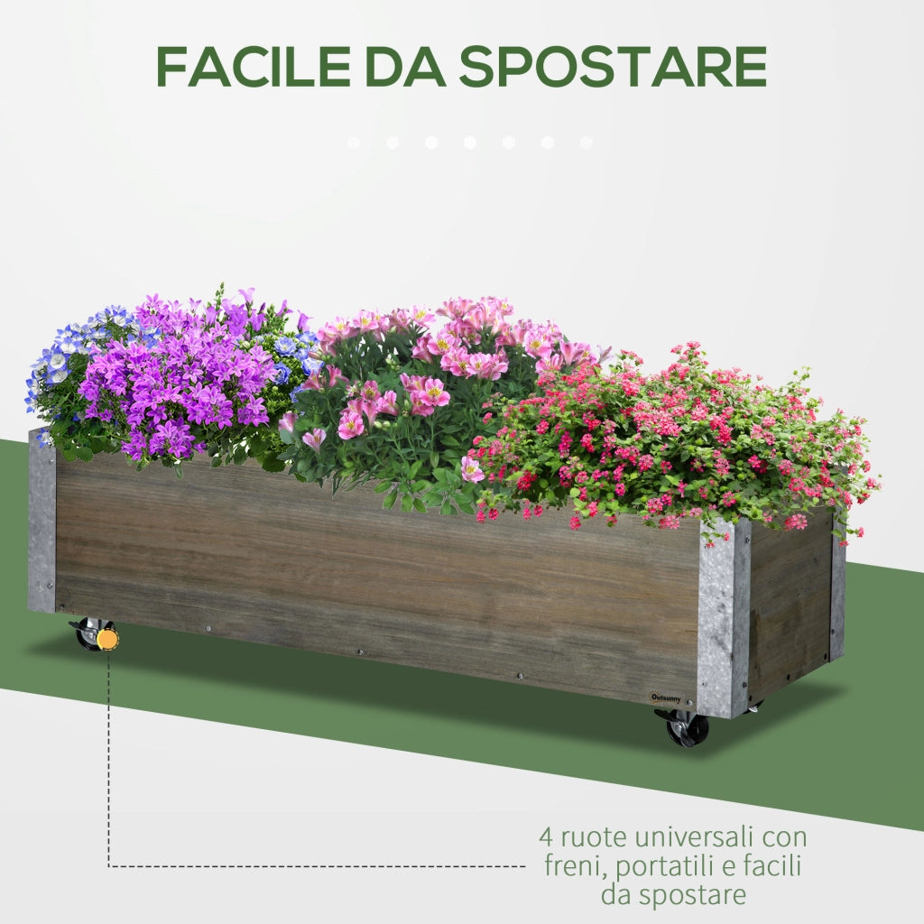 Fioriera Rettangolare in Legno con Ruote ¨C zephmum ¨C 96x30.6x30 cm Grigio