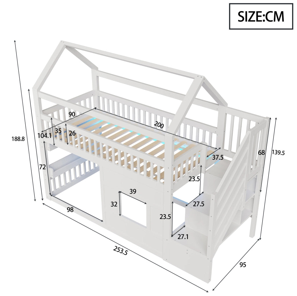 Letto a soppalco 90x200 cm con scala; vani portaoggetti e LED in MDF; legno e compensato bianco